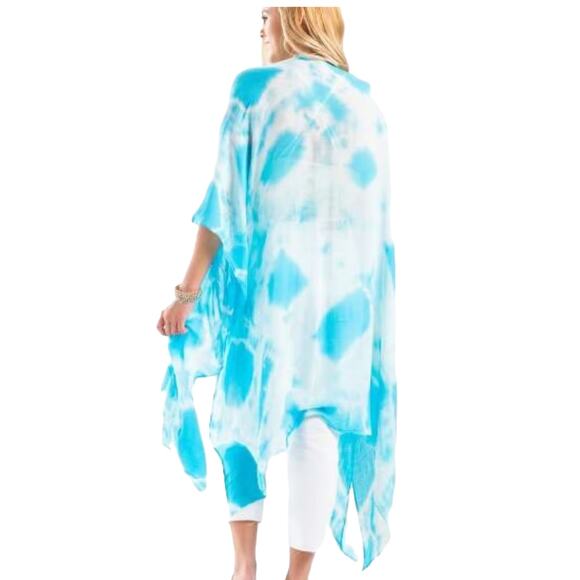 NWT Francesca's Turquoise & White Tie-Dye Kimono/Coverup - ONE SIZE - Picture 2 of 9